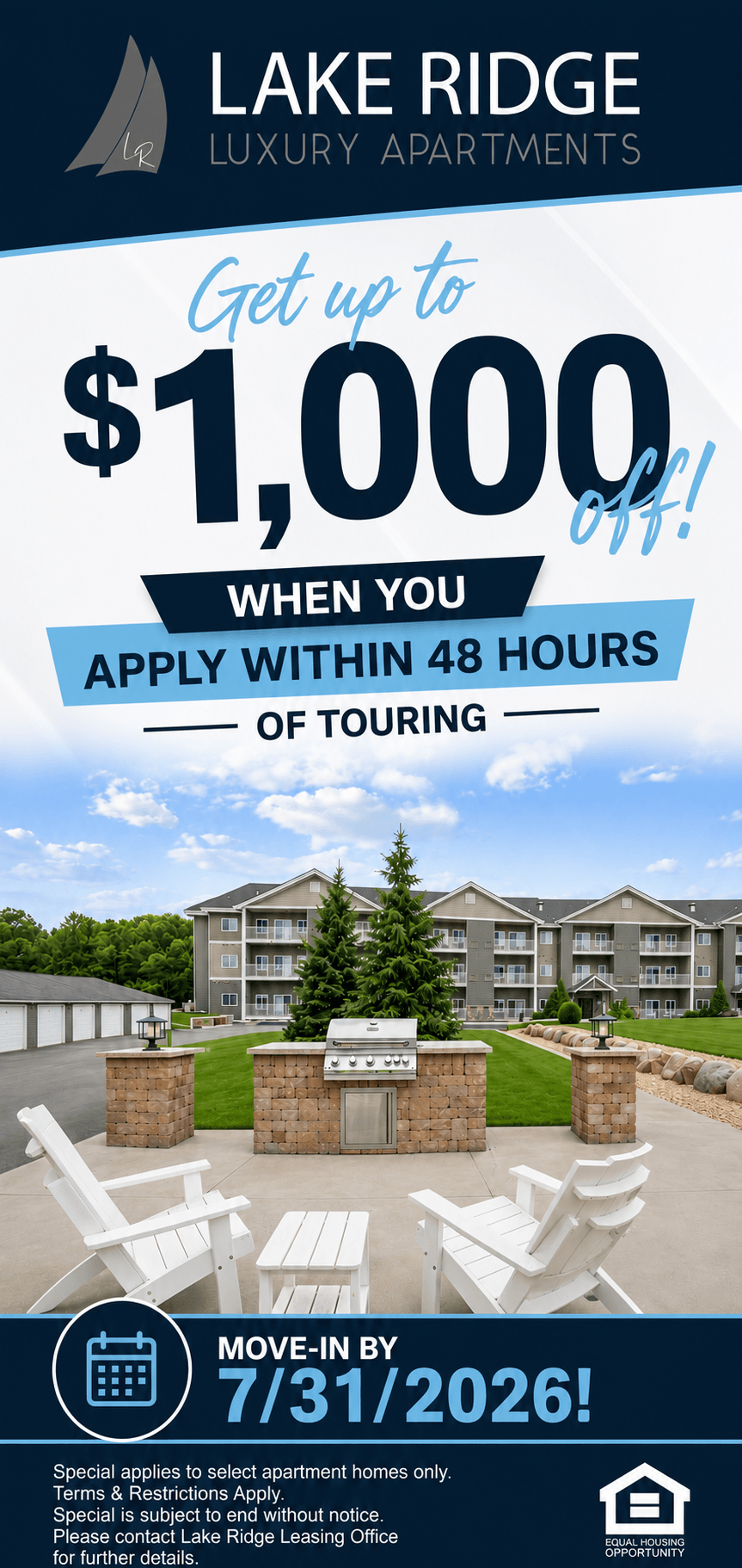 Receive up to $1000 off when you apply within 48 hours of touring! 